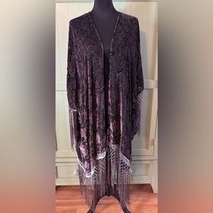Zara Mulberry Silk Velvet Fringe Long Kimono